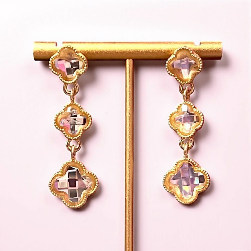 Elegant Pink Crystal Clover Drop Gold Earrings